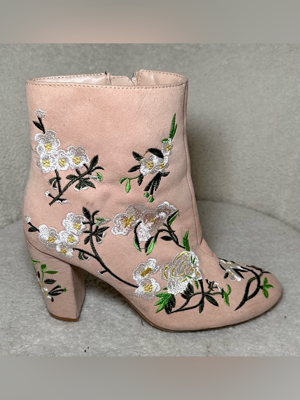 Pink Floral Embroidered Ankle Boots Block Heel Cottagecore Boho Feminine Pretty